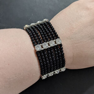 Black Beaded and Clear Rhinestone Wide Stretchy Elastic Statement Bracelet